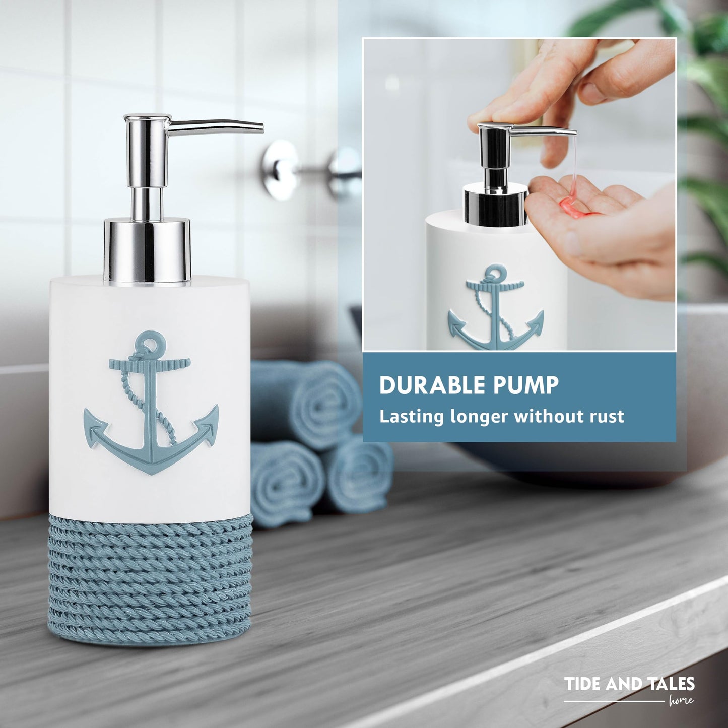TideAndTales Luxury Nautical Bathroom Accessories Set (4 Piece) Rope and Anchor Beach Bathroom Decor with Ocean and Sea Theme Design, Countertop Coastal Soap Dispenser Set