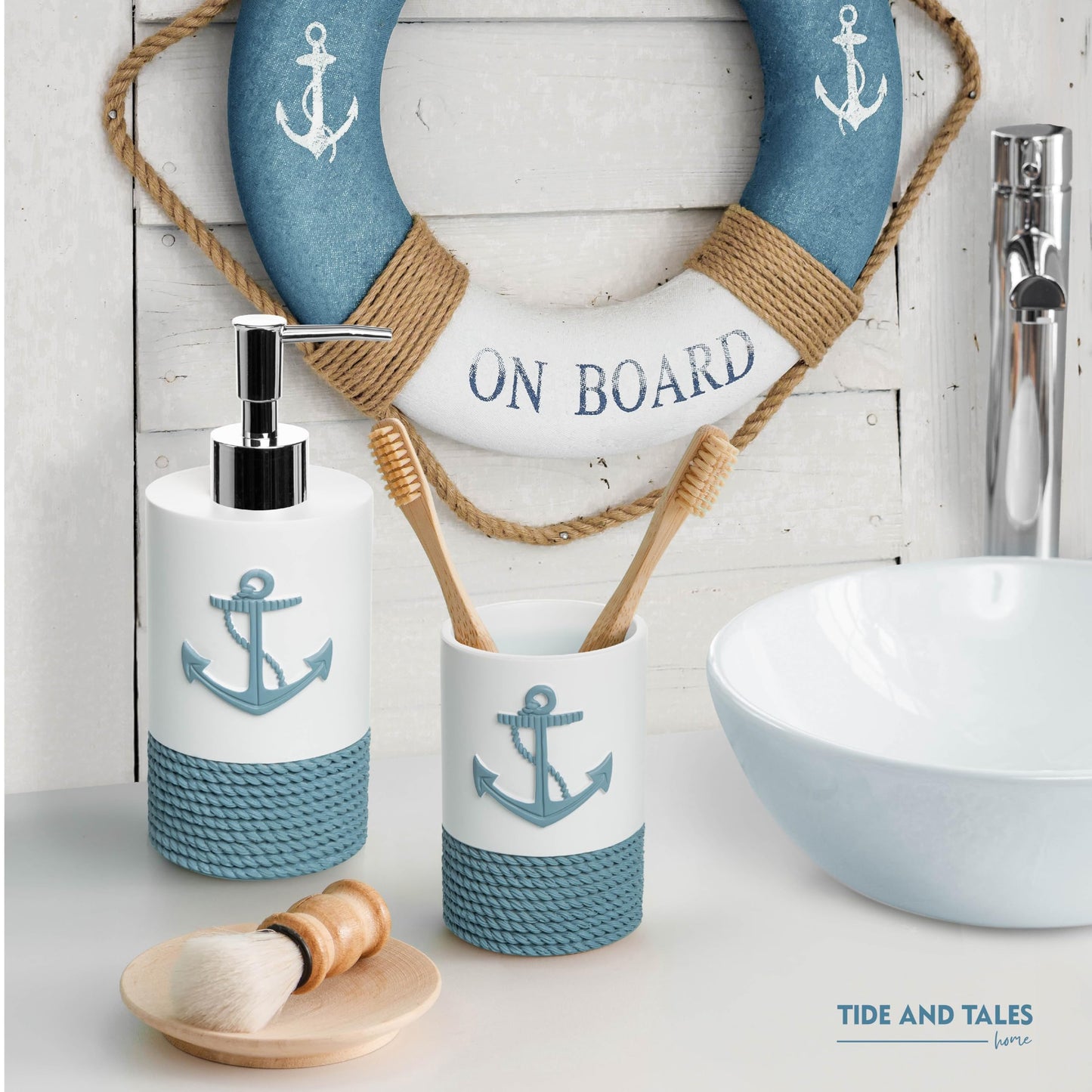 TideAndTales Luxury Nautical Bathroom Accessories Set (4 Piece) Rope and Anchor Beach Bathroom Decor with Ocean and Sea Theme Design, Countertop Coastal Soap Dispenser Set