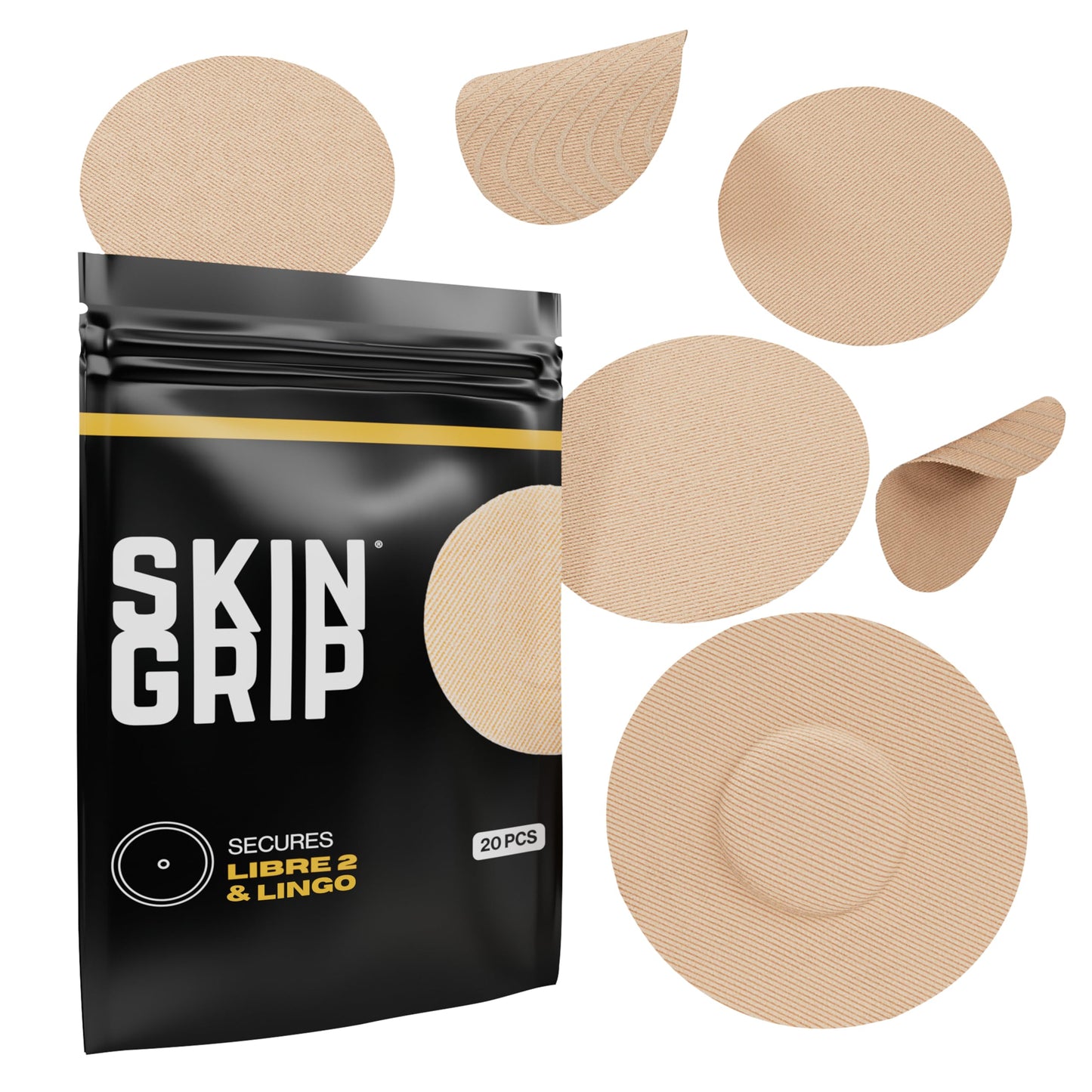 Skin Grip Freestyle Libre 2 Sensor Covers & Lingo CGM – Waterproof and Sweatproof Adhesive for 10-15 Days, Pre-Cut Medical Tape, Continuous Glucose Monitor Patch – 20 Pack, Tan