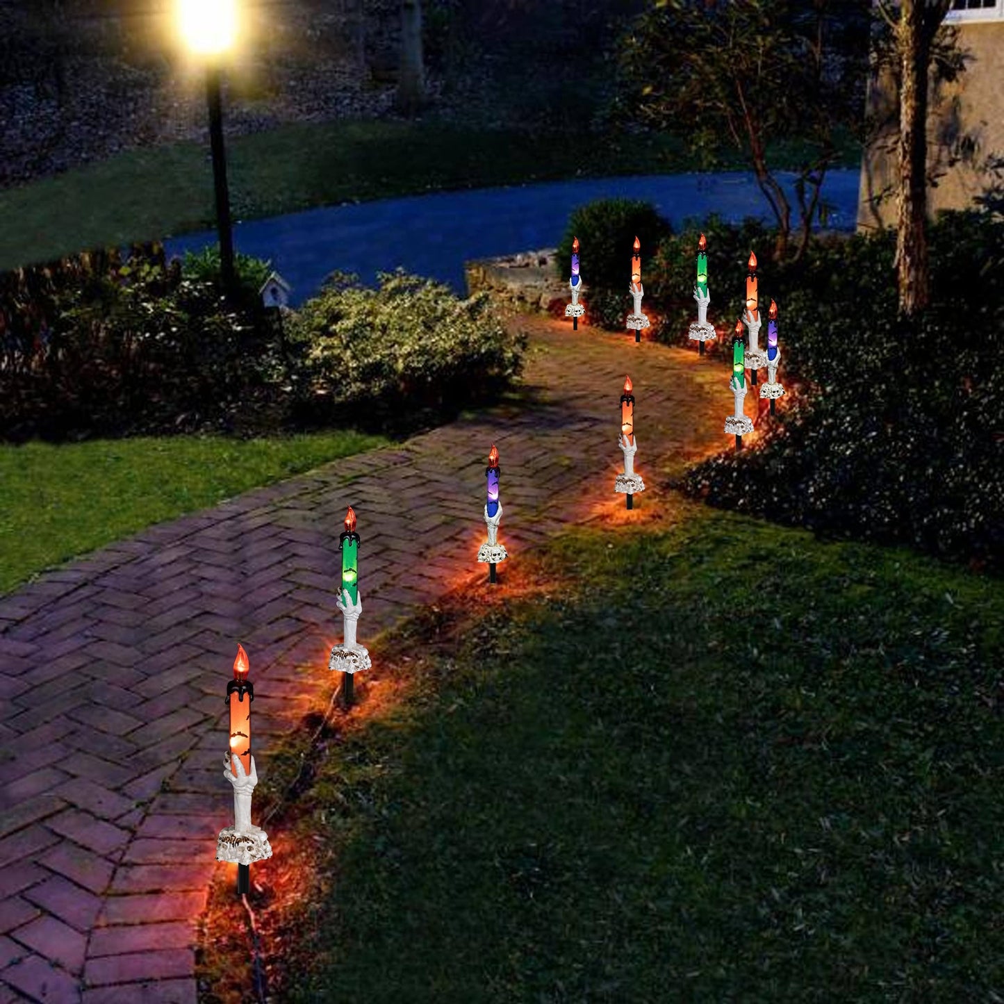 Hourleey Halloween Decorations, 5 Pack Skull Candle Lights with Stakes, Battery Operated Waterproof Pathway Decor with Timer for Indoor Outdoor Front Pathway Lawn Yard Garden