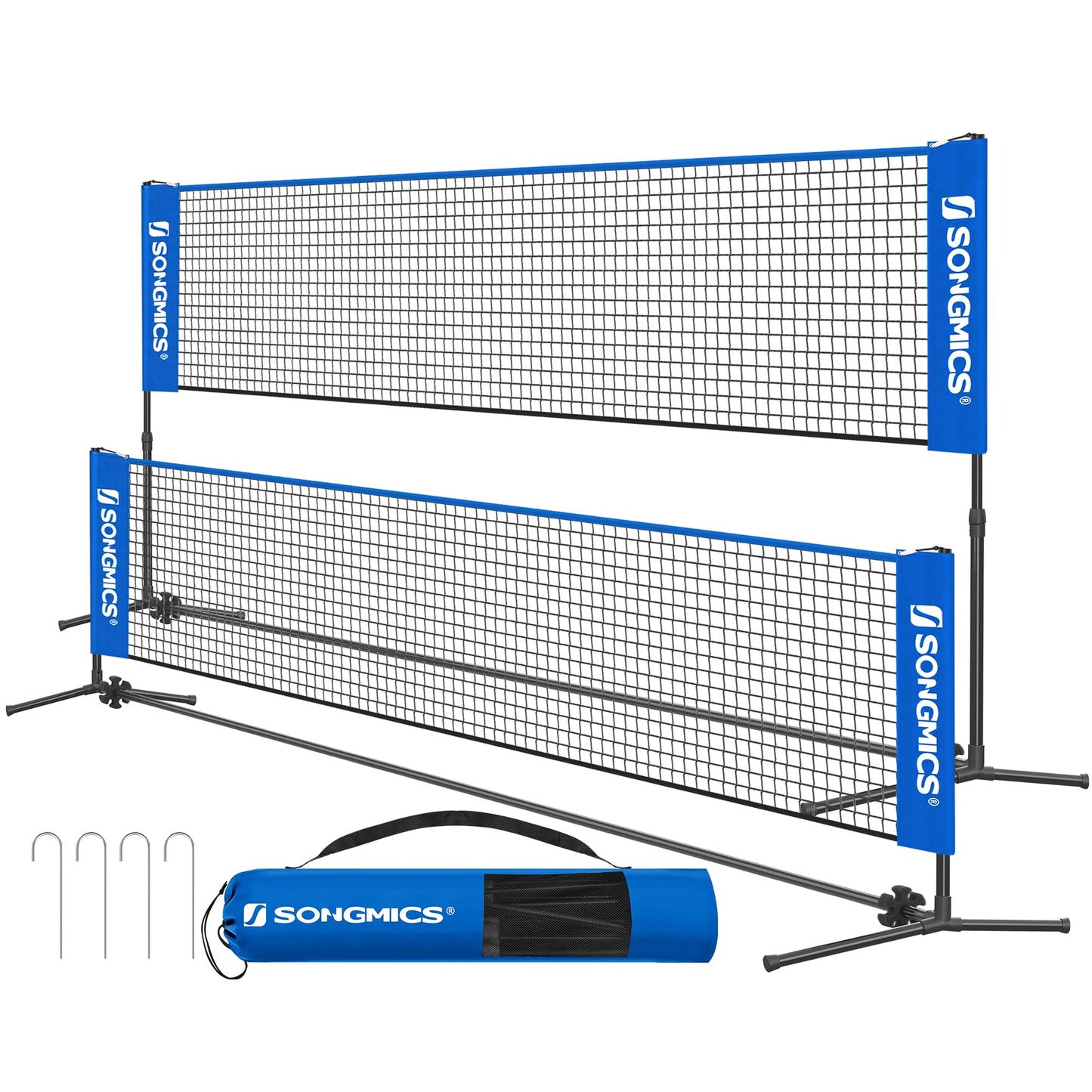 SONGMICS 13 ft Badminton Net, Height Adjustable Volleyball Net, Pickleball Net with Poles, Foldable Nylon Net for Tennis Indoor Outdoor Court, Blue Black USYQ400