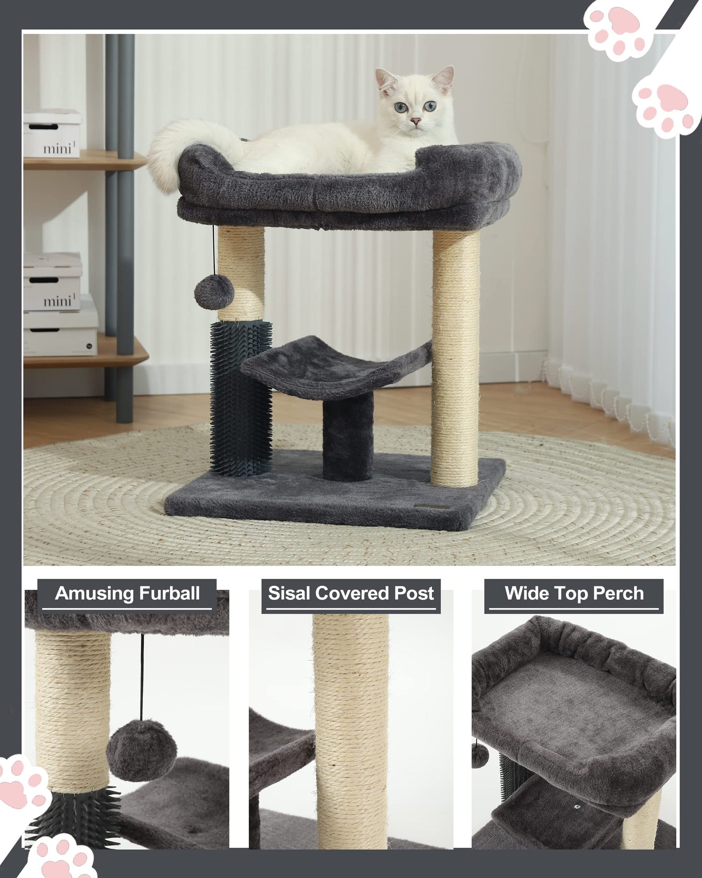 Hoopet 20-Inch Cat Tree Tower, Small Cat Scratching Post for Indoor Cats and Kittens, Sisal Cat Scratcher with Plush Bed Perch, Self Groomer and Hanging Toy Ball, Smoky Grey