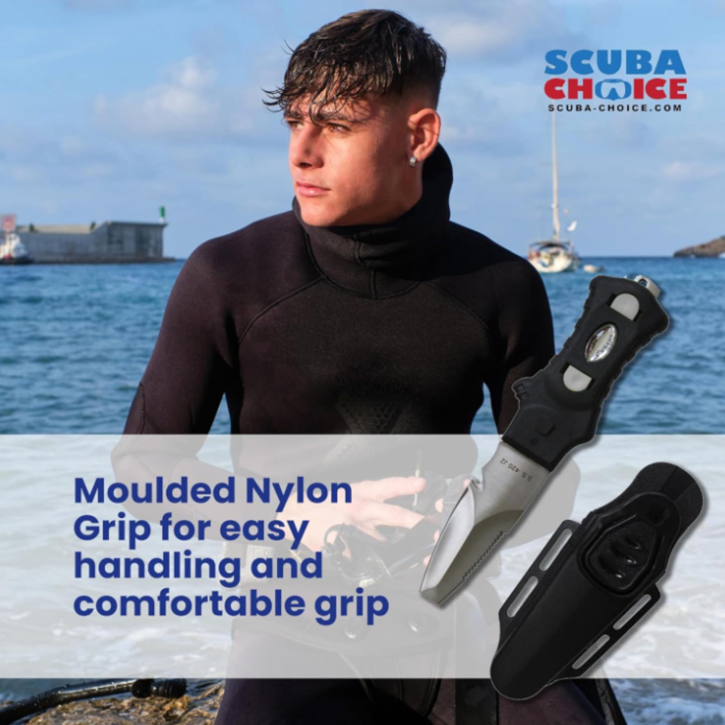 Scuba Choice Compact Stainless Steel Blunt Tip Dive Knife - 2.3" Plain Edge Blade with Ergonomic Nylon Handle, Durable for Scuba Diving, Snorkeling & Water Sports - Black/Silver