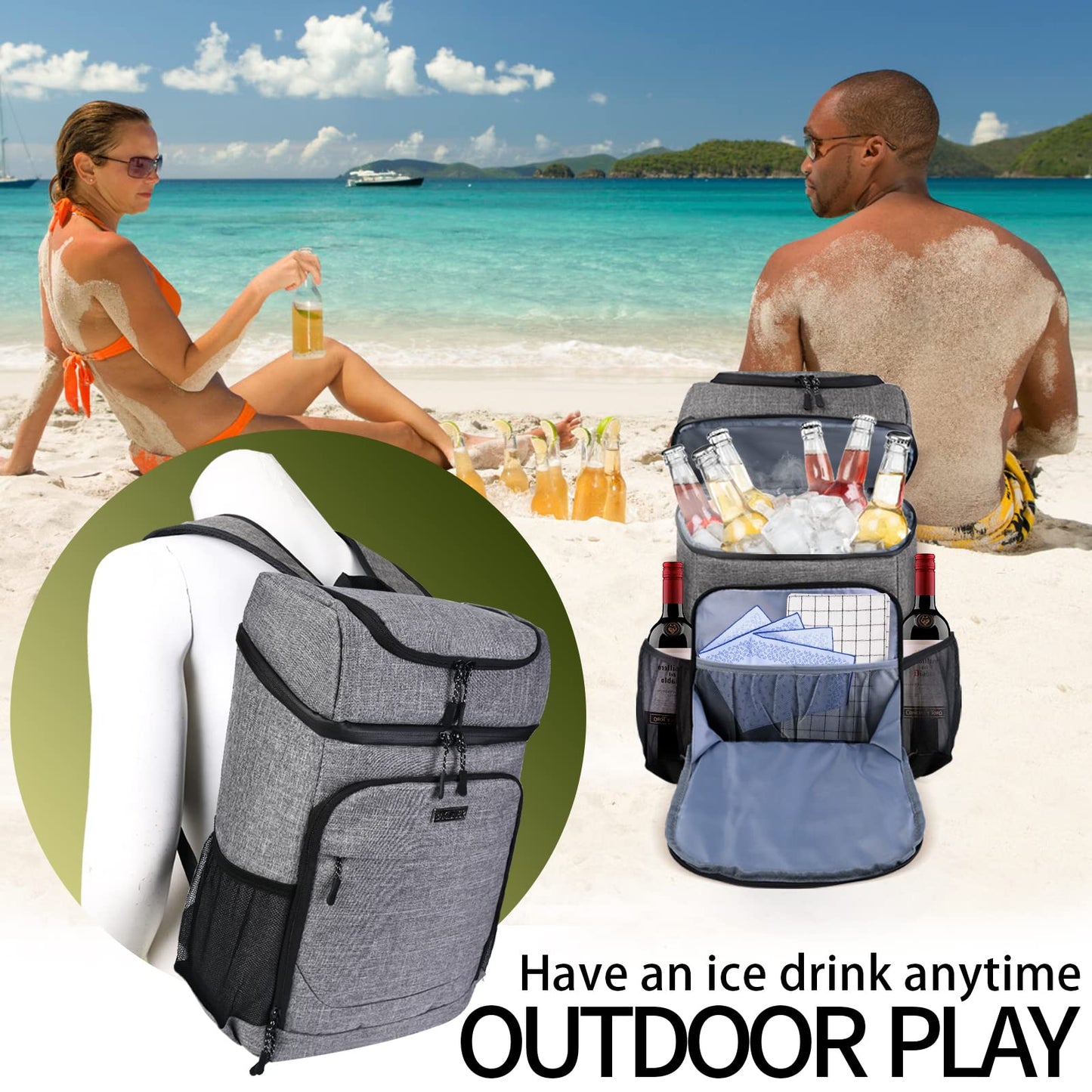 BAGLHER Lightweight Insulated Cooler Backpack - 30 Cans, Leak-Proof for Lunch, Picnic, Hiking, Camping, Beach, Park, Day Trips - Grey