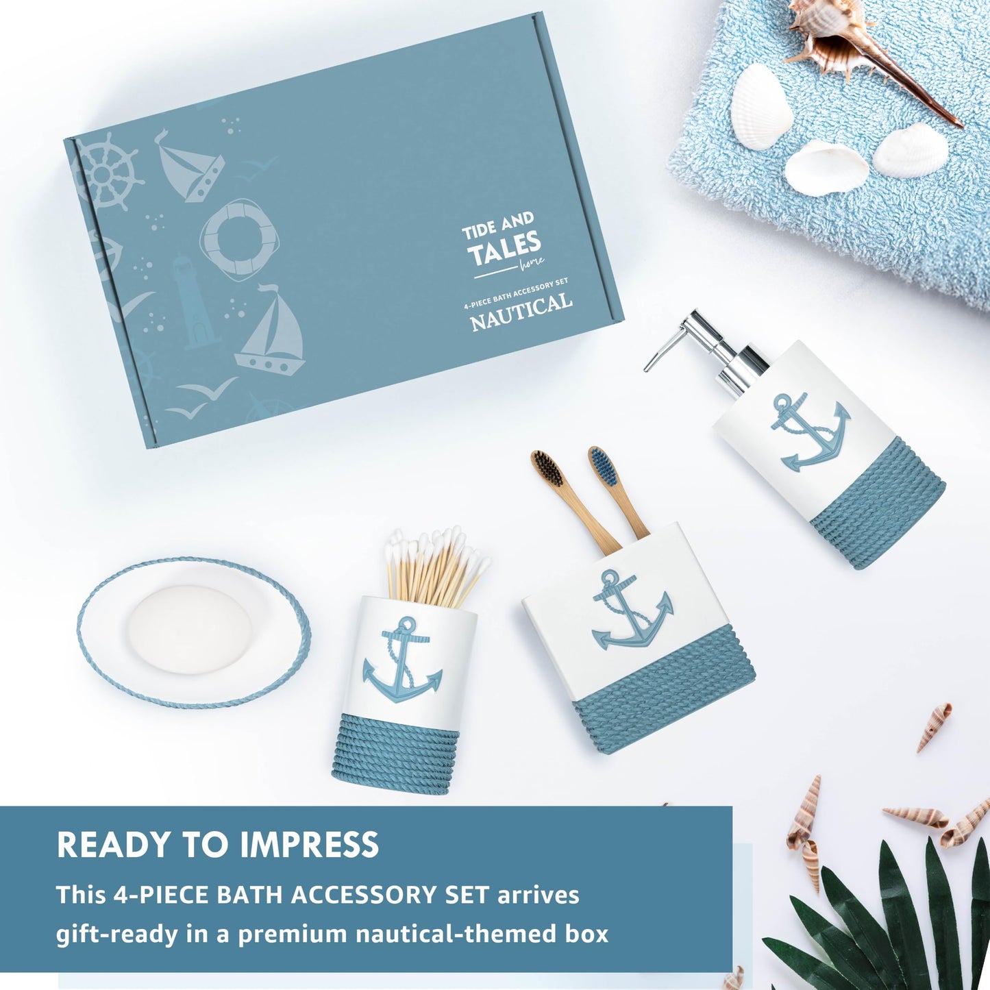 TideAndTales Luxury Nautical Bathroom Accessories Set (4 Piece) Rope and Anchor Beach Bathroom Decor with Ocean and Sea Theme Design, Countertop Coastal Soap Dispenser Set
