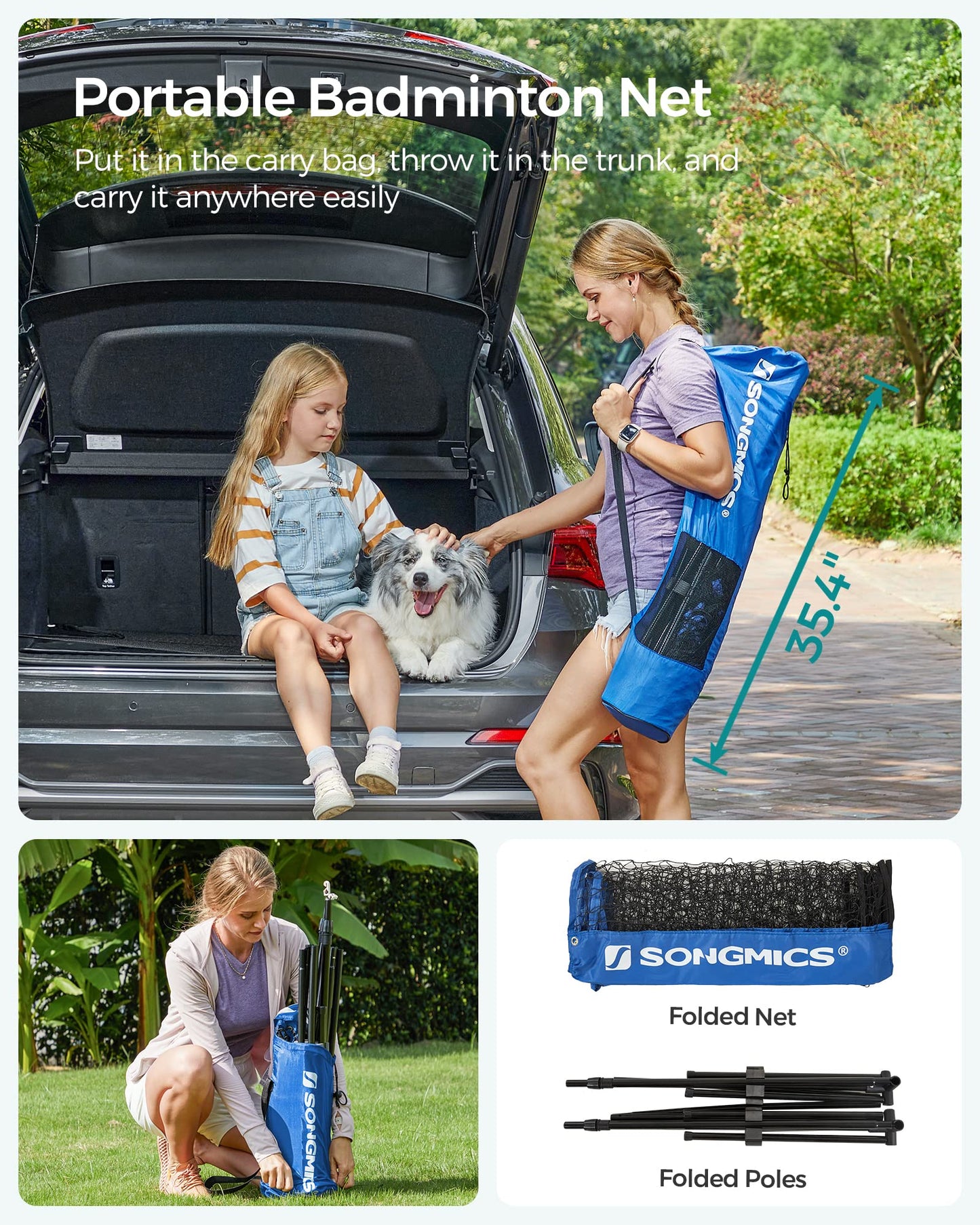 SONGMICS 13 ft Badminton Net, Height Adjustable Volleyball Net, Pickleball Net with Poles, Foldable Nylon Net for Tennis Indoor Outdoor Court, Blue Black USYQ400