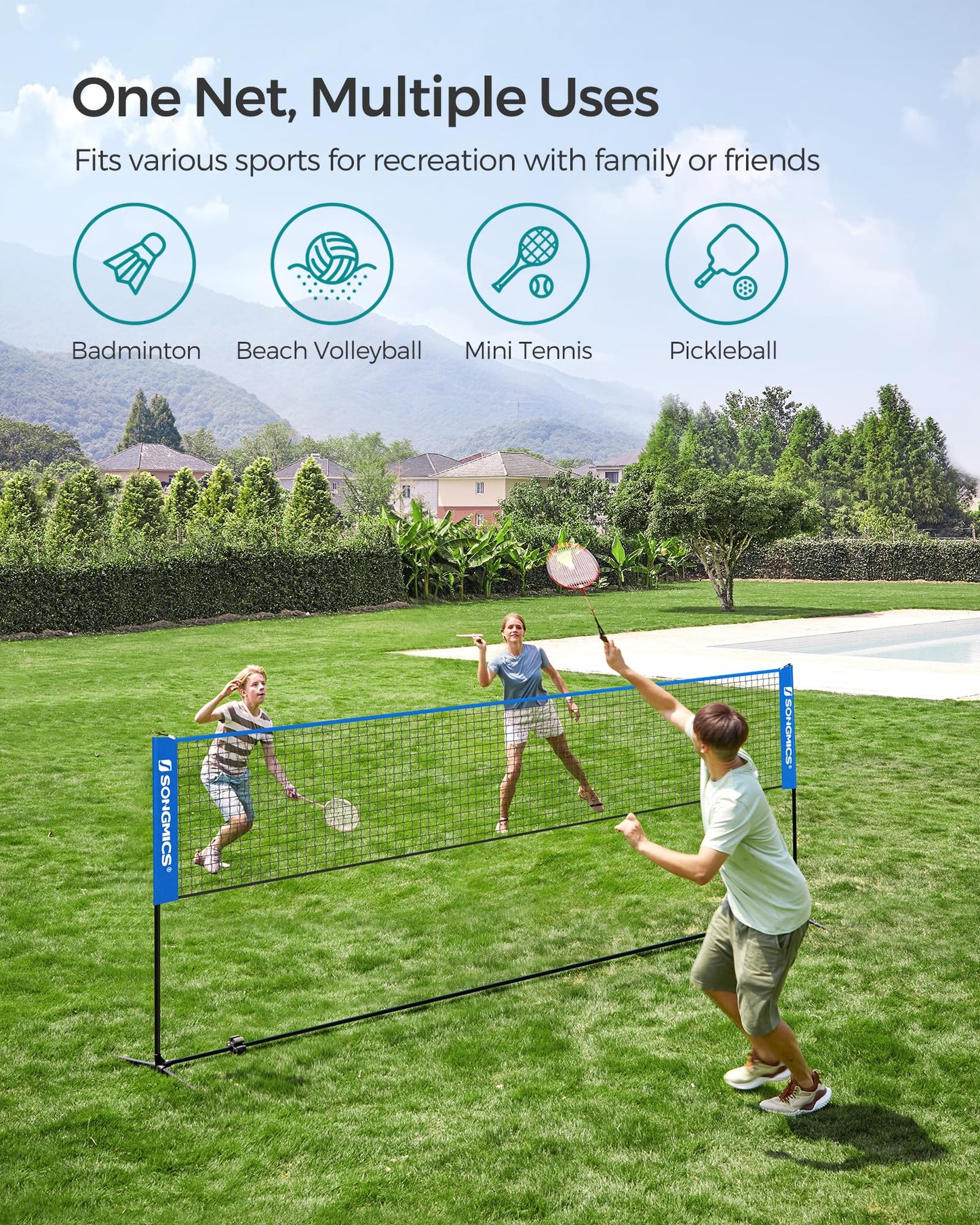 SONGMICS 13 ft Badminton Net, Height Adjustable Volleyball Net, Pickleball Net with Poles, Foldable Nylon Net for Tennis Indoor Outdoor Court, Blue Black USYQ400