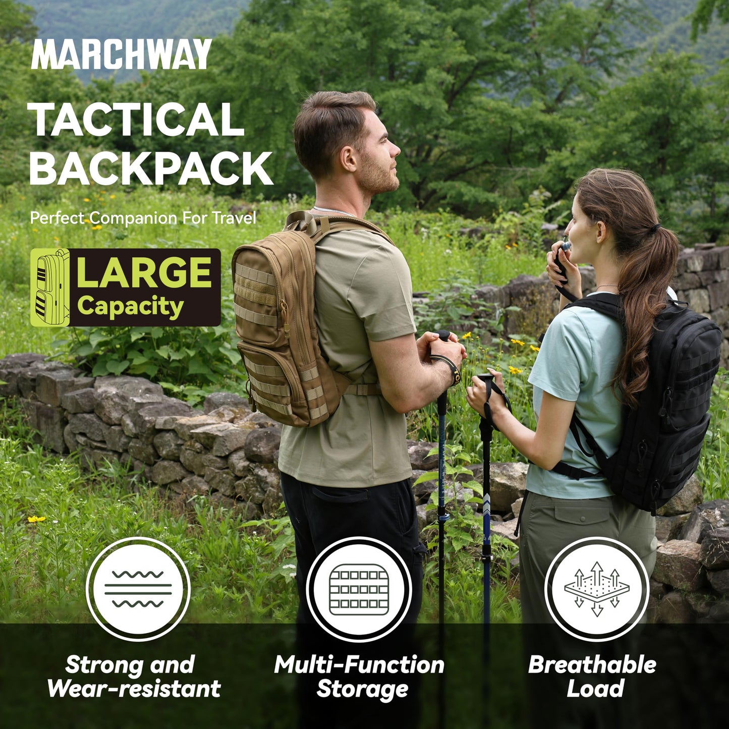 MARCHWAY Tactical Molle Hydration Pack with 3L TPU Water Bladder, Military Backpack with Multi Compartment for Cycling, Hiking, Running, Backpacking (Black)
