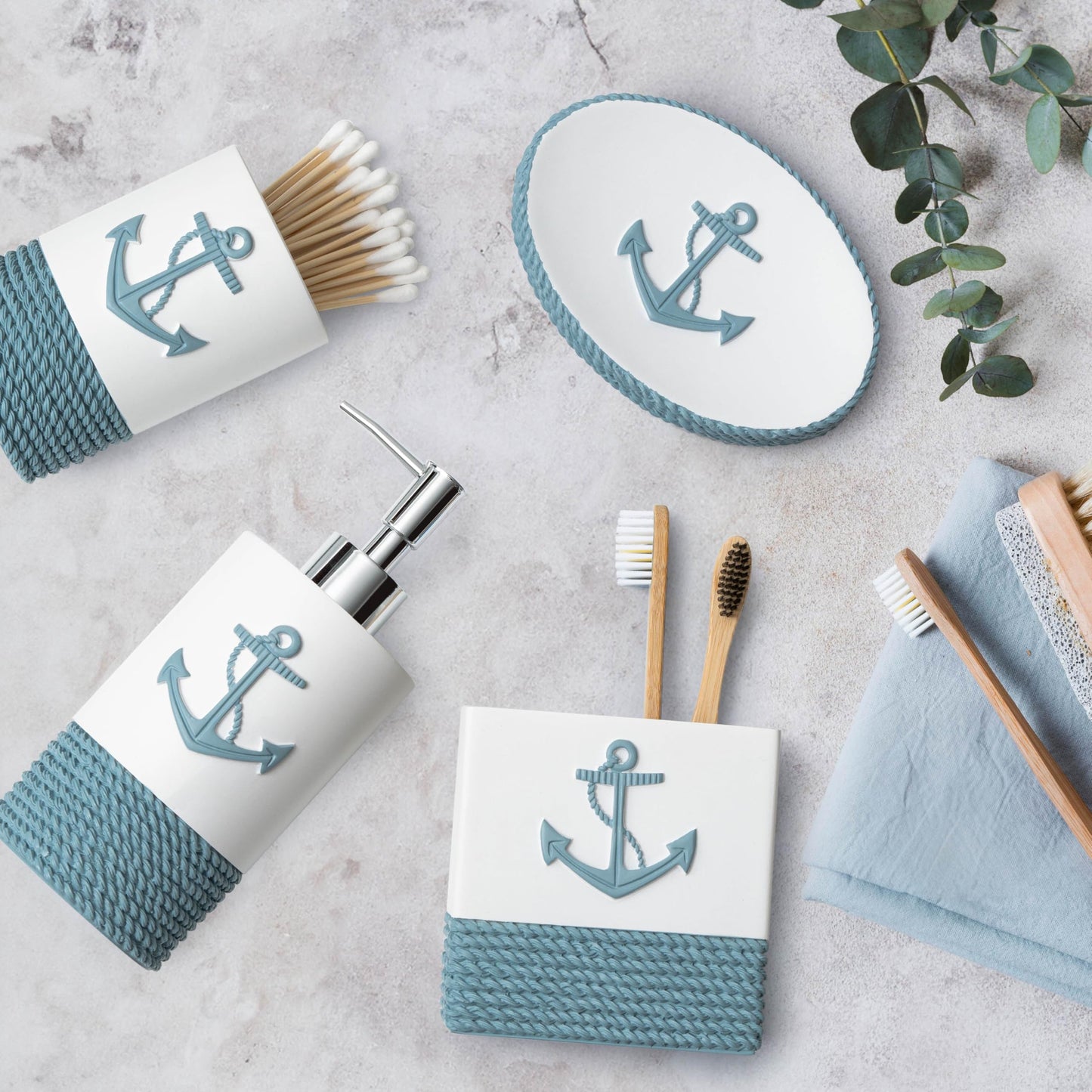 TideAndTales Luxury Nautical Bathroom Accessories Set (4 Piece) Rope and Anchor Beach Bathroom Decor with Ocean and Sea Theme Design, Countertop Coastal Soap Dispenser Set