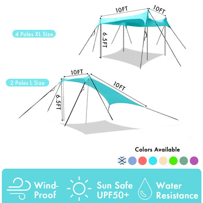 Easierhike Beach Shade Windproof Design, Sun Shelter UPF50+ Portable Family Canopy Tent with 8 Sandbag Anchors 10x10 FT 4 Poles Pop Up Outdoor Shelter for Beach, Camping, Fishing, Backyard and Picnics