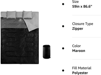 oaskys Double Sleeping Bag for Adults with 2 Pillows - Queen Size XL Waterproof Sleeping Bag for All Season Camping Hiking Backpacking 2 Person Sleeping Bags for Cold Weather & Warm