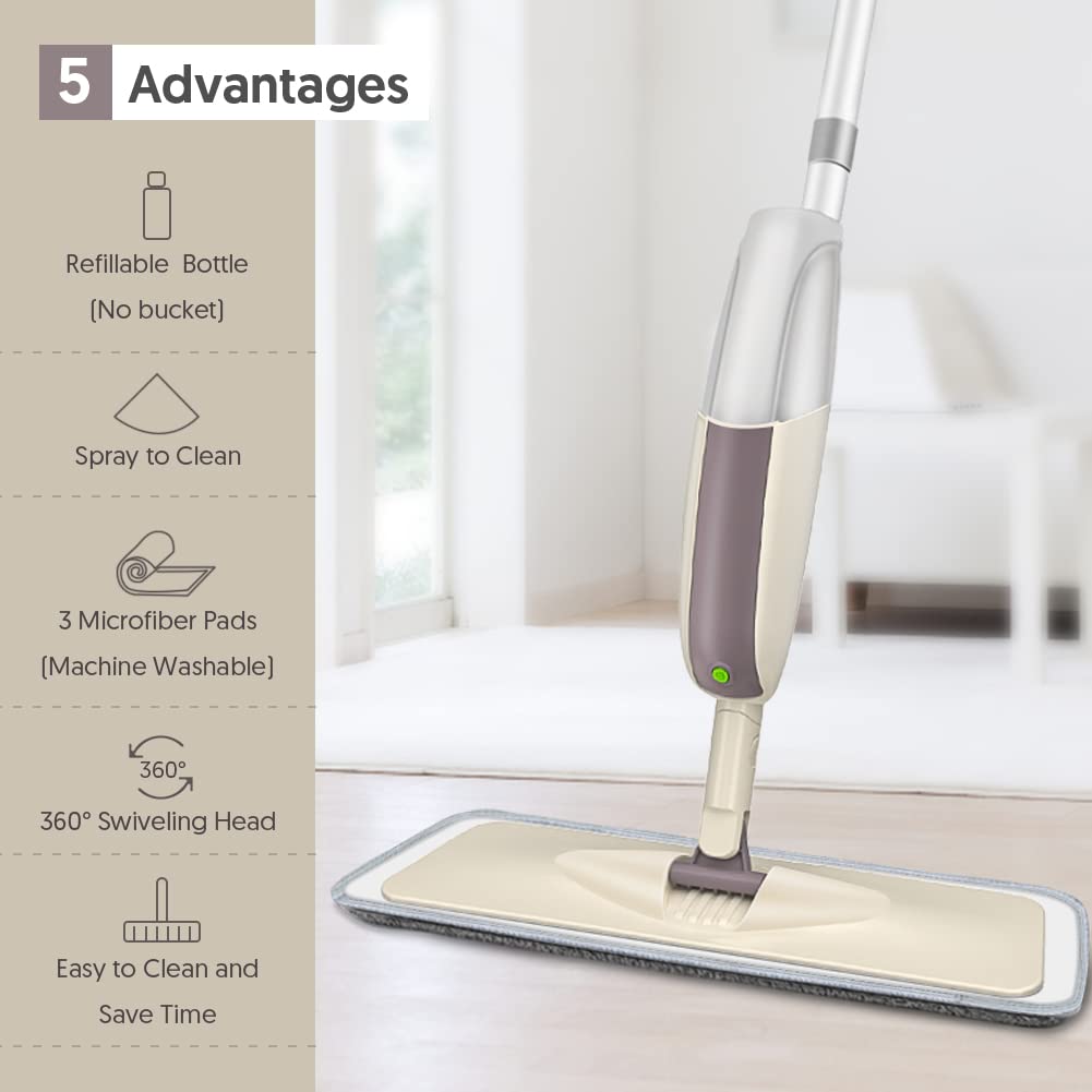 HOMTOYOU Spray Mops for Floor Cleaning: Wet Floor Mop with 3 Washable Microfiber Pads for Hardwood Laminate Wood Vinyl Ceramic Tiles Home Kitchen