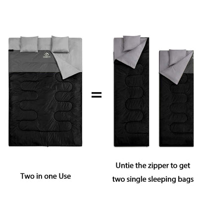 oaskys Double Sleeping Bag for Adults with 2 Pillows - Queen Size XL Waterproof Sleeping Bag for All Season Camping Hiking Backpacking 2 Person Sleeping Bags for Cold Weather & Warm