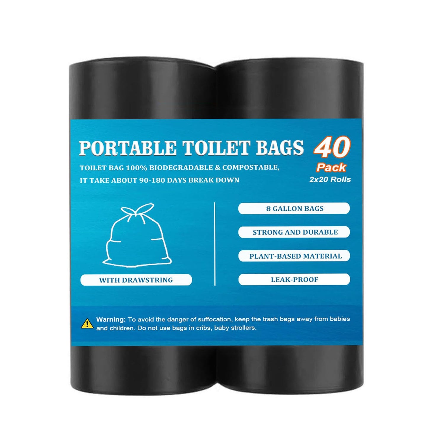 40 PCS Portable Toilet Bags with Drawstring, Biodegradable Porta Potty Bags - 8 Gallon Thickened Waste Bags Fit for 5 Gallon Bucket, Camping Poop Bag, Trash Bags for Home Boating Travel Outdoor