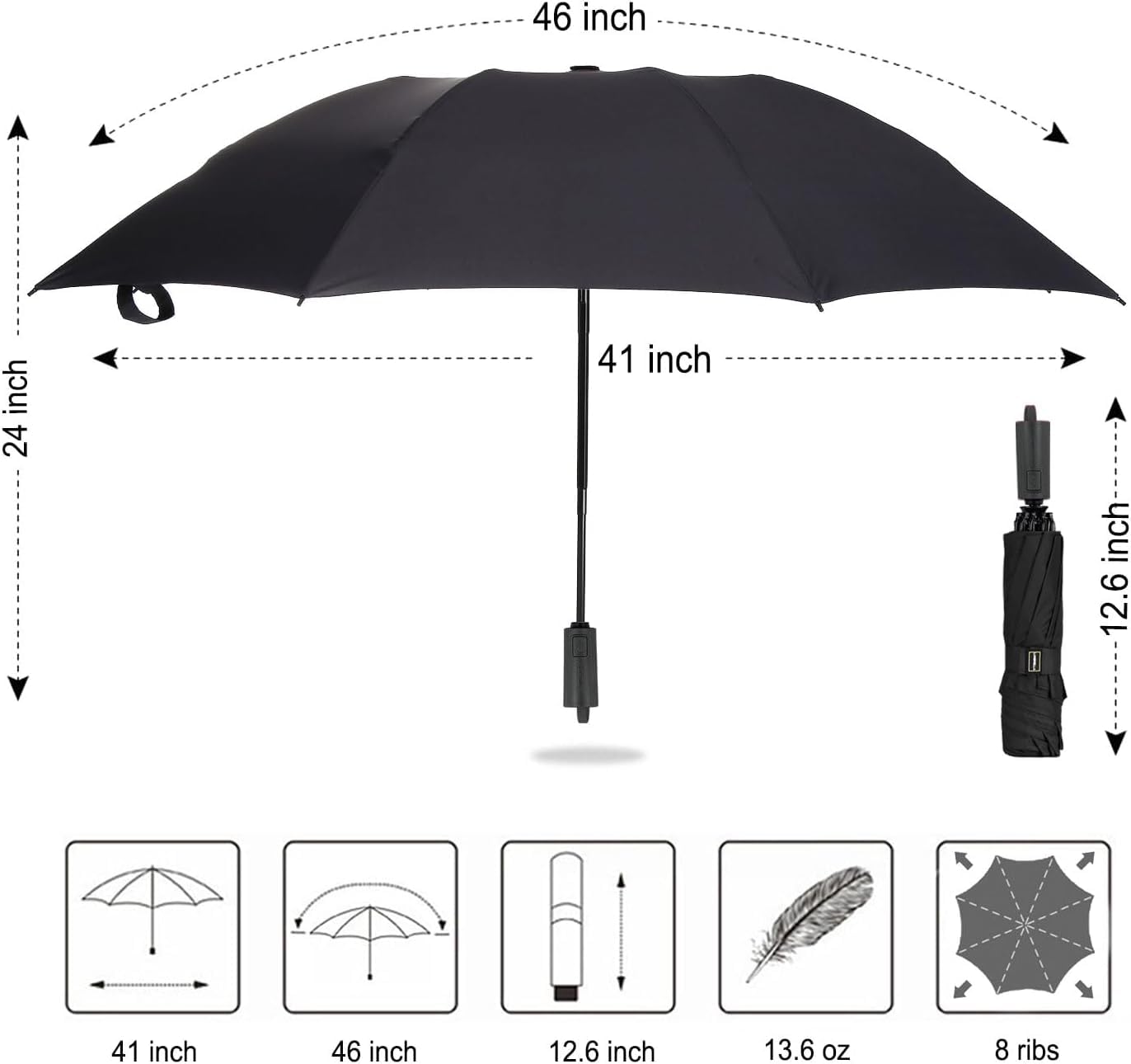 LANBRELLA Compact Reverse Folding Umbrella Auto Windproof Travel Umbrella-Black