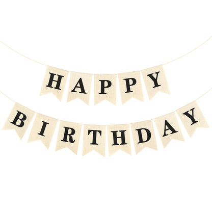 Hooqict Burlap Happy Birthday Banner Sign for Backdrop Black Birthday Decorations for Men Women Kids 1st 2nd 3rd Party Banner Wall Door Garland Bunting Flag
