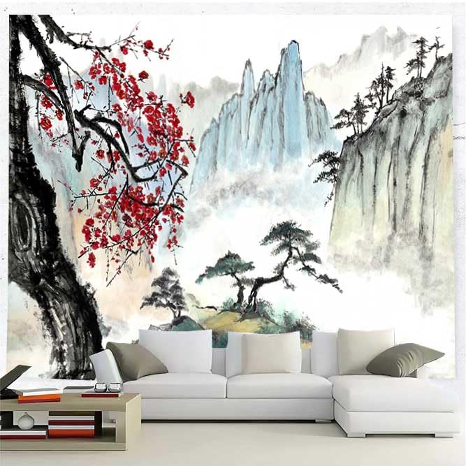 Bcsewcg Cherry Blossom Mountain Tapestry, Asian Nature Landscape Tapestries for Bedroom & Living Room Home Decor
