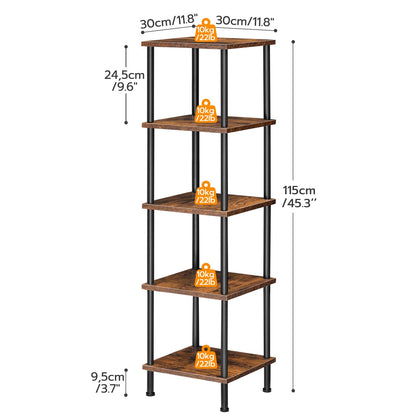 HOOBRO 5-Tier Corner Shelf Stand, Corner Square Rack Display Shelf, Tall Storage Plant Stand, Bookcase for Small Spaces, Living Room, Home Office, Kitchen, Rustic Brown and Black BF50CJ01