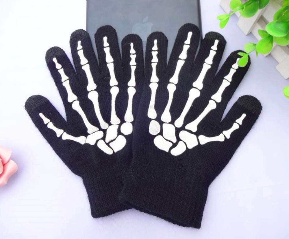 Glovion Skeleton Winter Gloves for Women & Men - Touch Screen Skull Full Finger Gloves for Halloween, Christmas Parties