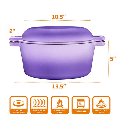 Bruntmor 2-in-1 Enamel Cast Iron Dutch Oven with Handles - Crock Pot Purple Cast Iron Pot with Skillet lid - All-in-One Cookware Braising Pan for Casserole Dish - 5 Quart, Purple
