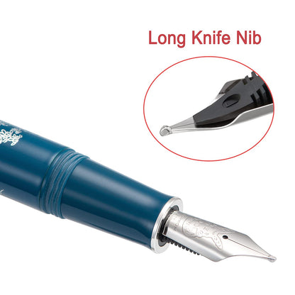Hongdian N23 Blue Rabbit Fountain Pen, Long Blade Medium Nib Silver Trim, New Year Lucky Rabbit Carving Design, Smooth Writing Pen with Converter and Metal Pen Box Set
