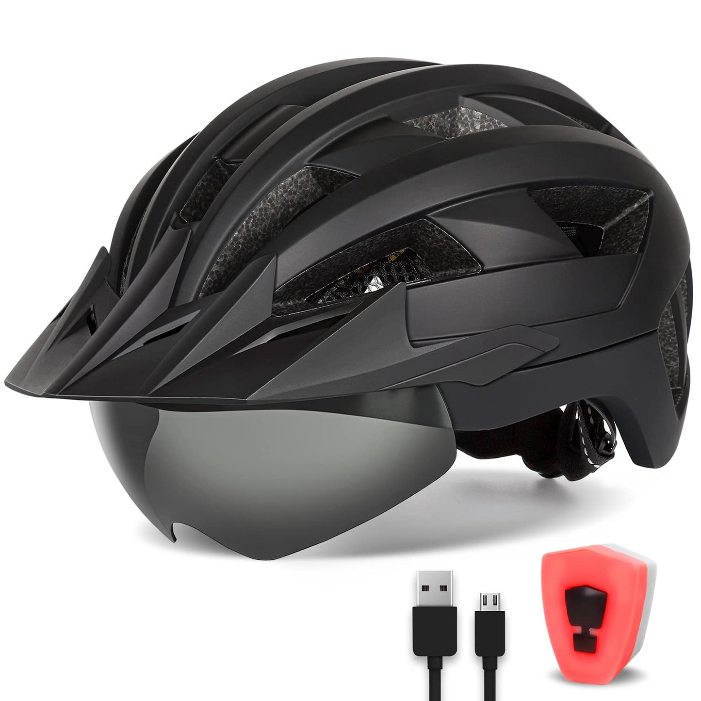 FUNWICT Adult Bike Helmet with Visor and Goggles for Men Women Mountain Road Bicycle Helmet Rechargeable Rear Light Cycling Helmet (L: 57-61 cm (22.4-24 inches), Black)