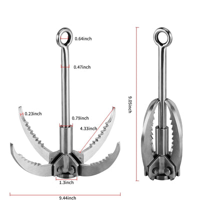 Ant Mag Grappling Hook Stainless Steel Claw Carabiner with 20m/65ft 8mm Auxiliary Black Rope for Camping Hiking Tree Grabbing and Water Lifting Salvage