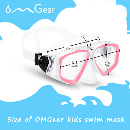 OMGear Kids Swimming Silicone Swim Mask Snorkeling Gear for Kids Tempered Glass Snorkel Goggles with Nose Cover Scuba Diving Goggles with Cute Neoprene Mask Strap Cover (Pink)