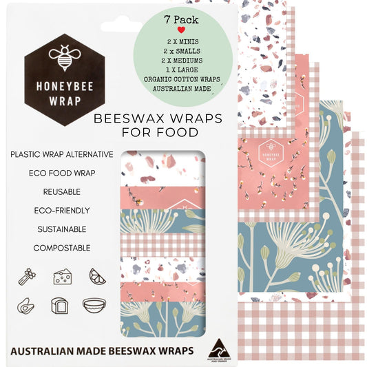 Honeybee Wrap Reusable Beeswax Wraps for Food | 7 Pack | Eco Friendly, Organic, Biodegradable, Plastic Free, Bee's Wrap Bowl Covers and Food Storage | Cling Wrap Alternative