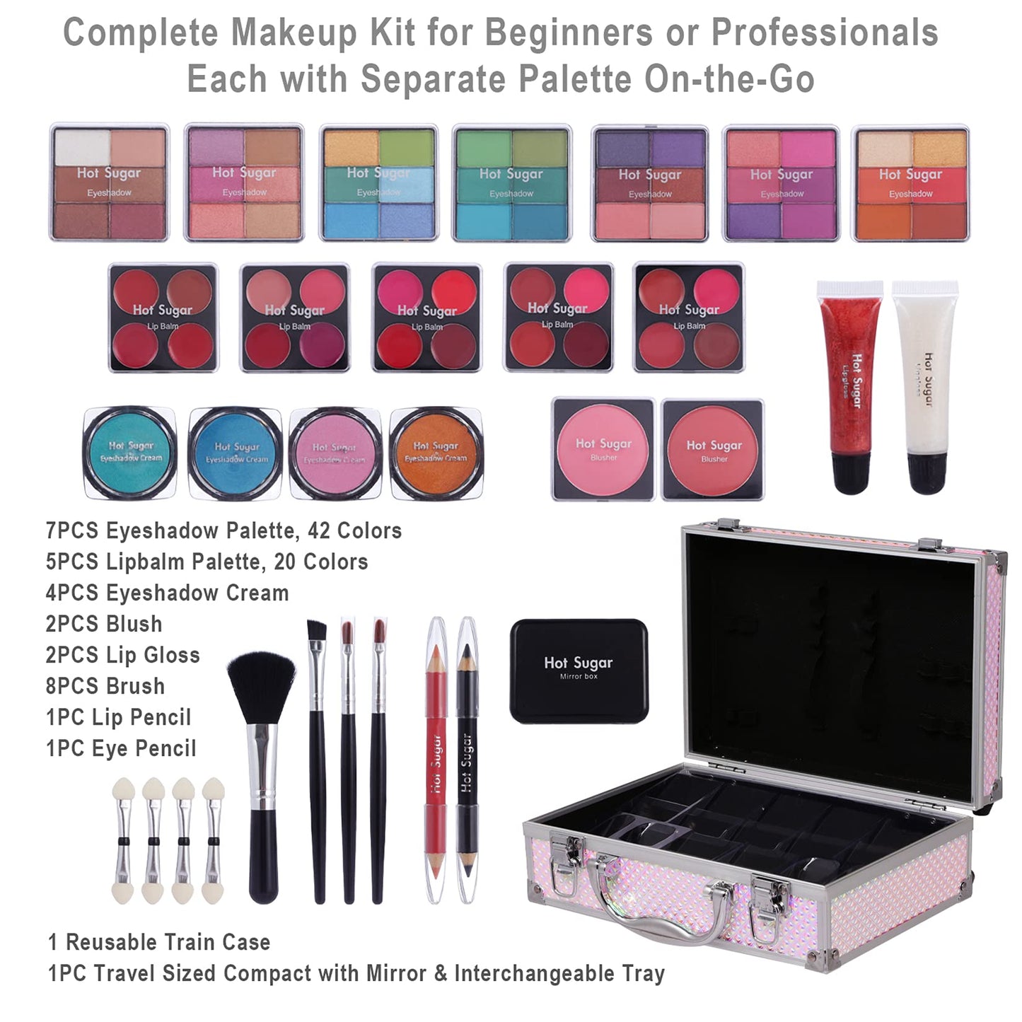 Hot Sugar Makeup Kit for Girls and Women - Full Starter Cosmetics Set with Eye Shadow Palette, Blush, Lip Gloss, Lip & Eye Pencil and Mirror