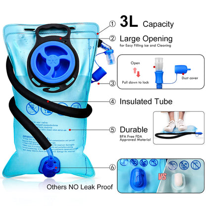 Mothybot Insulated Hydration Backpack Pack with 3L BPA Free Leak Proof Water Bladder, Large Storage Lightweight Hiking Daypack with Waist Pouches & Cooler Layer, for Running, Biking, Camping, Festival