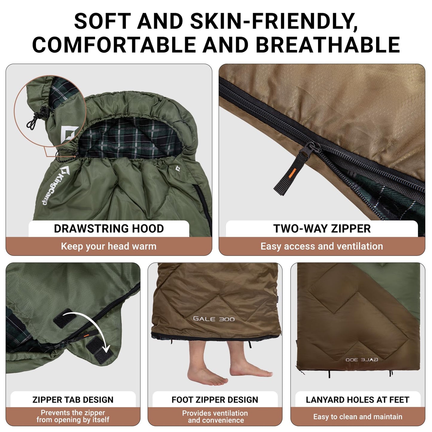 KingCamp Sleeping Bag for Adults, Cold Weather & Warm XL Big and Tall Flannel Sleeping Bags with Compression Sack Portable Waterproof Essentials Gear Accessories for Outdoor Camping (Beangreen/Brown)