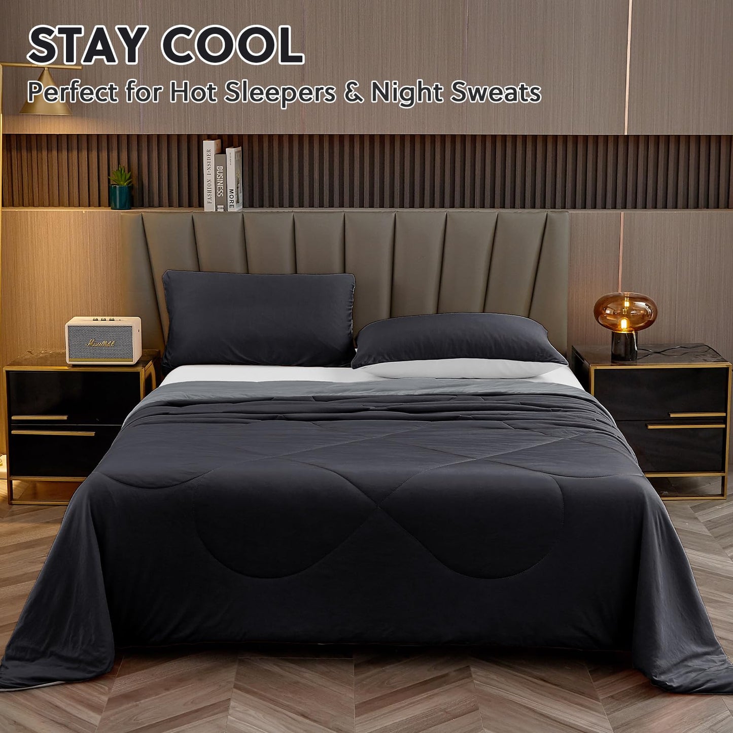 HOMFINE Cooling Comforter Japanese Double-Sided Cold Tech Fabric Cooling Blanket for Night Sweats Hot Sleepers, Q-Max 0.45 Soft Breathable Silky Smooth Lightweight Black Summer Comforter Queen