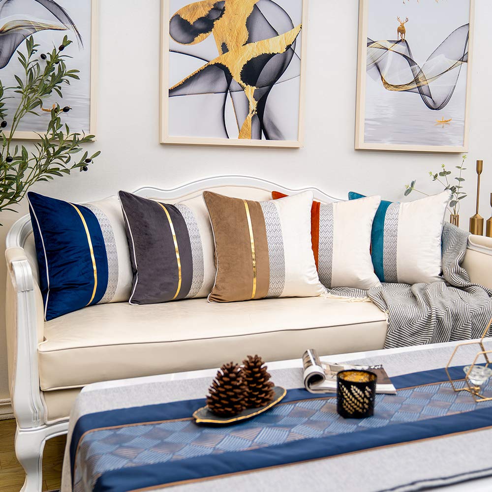 Yangest Burnt Orange Patchwork Velvet Throw Pillow Cover with Gold Striped Leather Cushion Case Modern Luxury Pillowcase for Sofa Couch Bedroom Living Room Home Decor,18"x18"