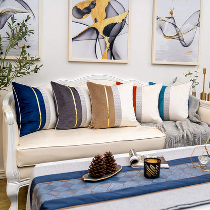 Yangest Burnt Orange Patchwork Velvet Throw Pillow Cover with Gold Striped Leather Cushion Case Modern Luxury Pillowcase for Sofa Couch Bedroom Living Room Home Decor,18"x18"