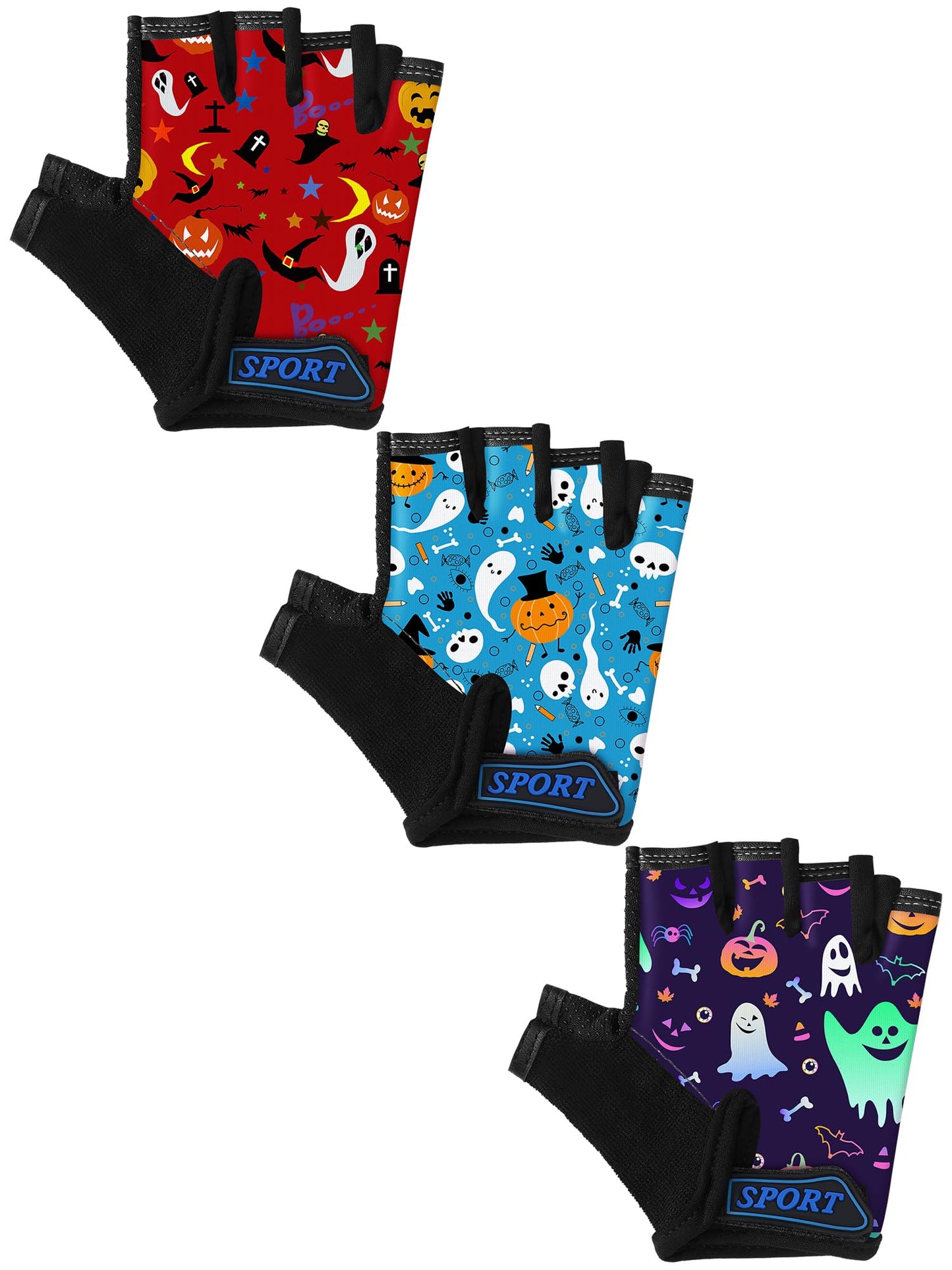 Boao 3 Pairs Kids Bike Gloves Kids Half Finger Fingerless Workout Gloves Non-Slip Gel for Bike Motorcycle(Halloween 1,3-5 Years)
