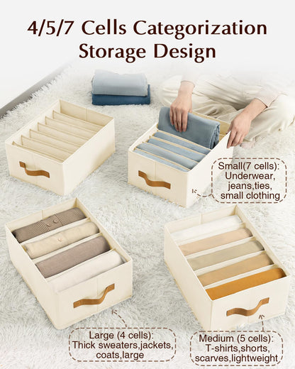 Homsorout Clothes Organizers and Storage - 4/5/7 Grids Fabric Jeans Organizer with Handles, Foldable Closet Organizers Dividers, Wardrobe organizer for Pant, Sweater, T-shirt, Scarf, 6 Pack, Beige