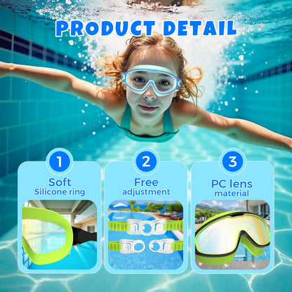 YLKJSWIM Swim Goggles for kids 3-15 with Earplugs Large Frame Anti-Fog/UV No Leaking Pool Water Swimming Goggles for Boys Girls Youth Toddler (2pcs)