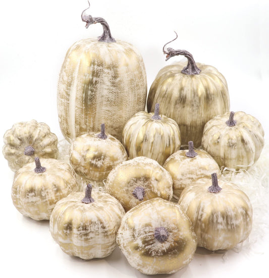 12 PCS Gold Brushed Pumpkins, Thanksgiving Table Centerpiece Decorations, Outdoor Faux Fake Foam Pumpkins for Fall Harvest, Halloween, Thanksgiving, Wedding, Table, Home Decor (Gold Brushed)