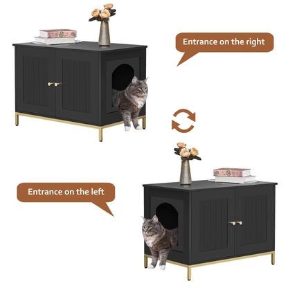 Homhedy Cat Litter Box Enclosure, Cat Washroom Furniture with Metal Frame, Pet House, Fit Most of Litter Box, Modern Style, Black and Gold