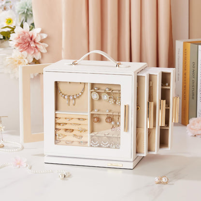 Homde Jewelry Box 360° Rotating, Necklace Earring Organizer with Transparent Window, Mirror, 7 Drawers, Large Ring Display Storage Case for Girls Women (White)