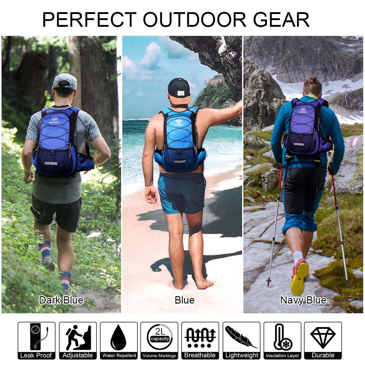 Mothybot Insulated Hydration Backpack Pack with 3L BPA Free Leak Proof Water Bladder, Large Storage Lightweight Hiking Daypack with Waist Pouches & Cooler Layer, for Running, Biking, Camping, Festival