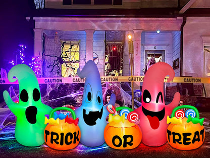 [ 3 Colors Changing Light ] TURNMEON 8 Ft Long Halloween Inflatables Three Ghosts with Pumpkin Candy Bags Halloween Decorations Outdoor Build-in LED Light Blow Up Halloween Decor Yard Party Garden