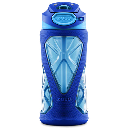 ZULU Torque 16oz Plastic Kids Water Bottle with Silicone Sleeve and Leak-Proof Locking Flip Lid, Soft Touch Carry Loop for School Backpack, Lunchbox, BPA-Free Dishwasher Safe, Mojo Blue