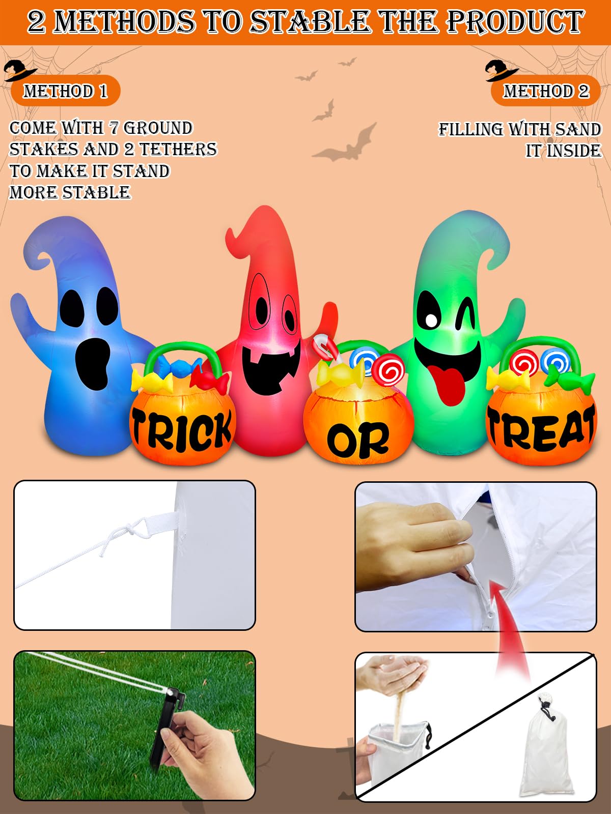 [ 3 Colors Changing Light ] TURNMEON 8 Ft Long Halloween Inflatables Three Ghosts with Pumpkin Candy Bags Halloween Decorations Outdoor Build-in LED Light Blow Up Halloween Decor Yard Party Garden