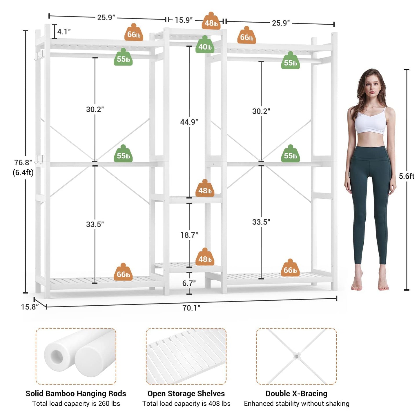 Homykic Bamboo Closet System Clothes Rack, Large Freestanding Garment Rack Clothing Rack for Hanging Clothes with 7 Storage Shelves and 5 Rods, Open Wardrobe Organizer with 4 Hooks, White