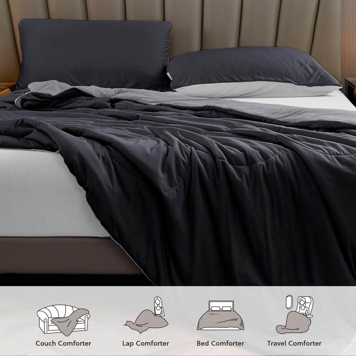 HOMFINE Cooling Comforter Japanese Double-Sided Cold Tech Fabric Cooling Blanket for Night Sweats Hot Sleepers, Q-Max 0.45 Soft Breathable Silky Smooth Lightweight Black Summer Comforter Queen