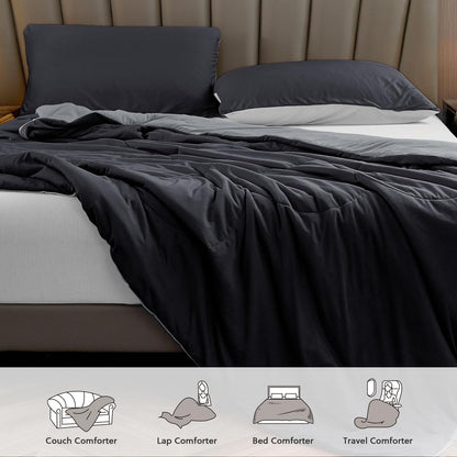 HOMFINE Cooling Comforter Japanese Double-Sided Cold Tech Fabric Cooling Blanket for Night Sweats Hot Sleepers, Q-Max 0.45 Soft Breathable Silky Smooth Lightweight Black Summer Comforter Queen