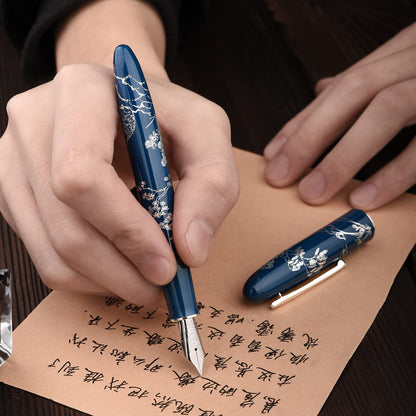 Hongdian N23 Blue Rabbit Fountain Pen, Long Blade Medium Nib Silver Trim, New Year Lucky Rabbit Carving Design, Smooth Writing Pen with Converter and Metal Pen Box Set
