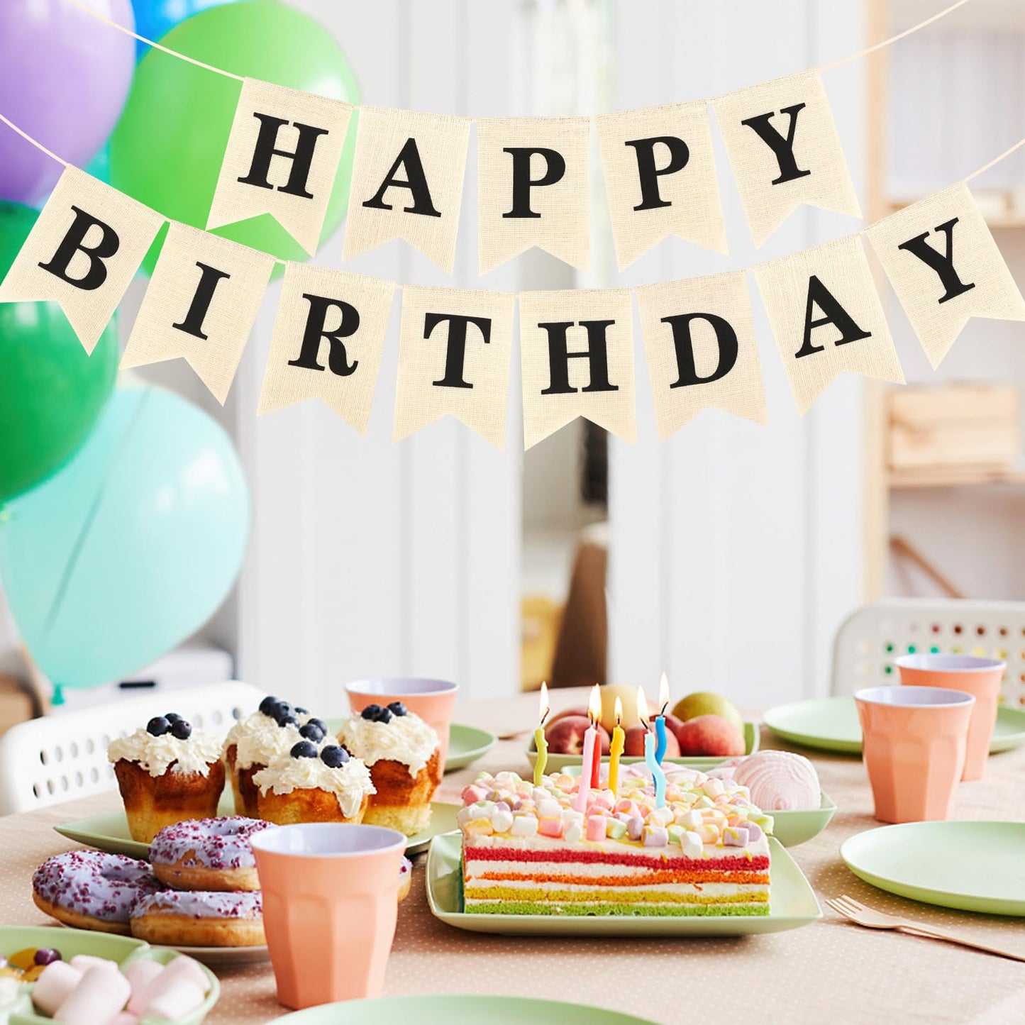 Hooqict Burlap Happy Birthday Banner Sign for Backdrop Black Birthday Decorations for Men Women Kids 1st 2nd 3rd Party Banner Wall Door Garland Bunting Flag
